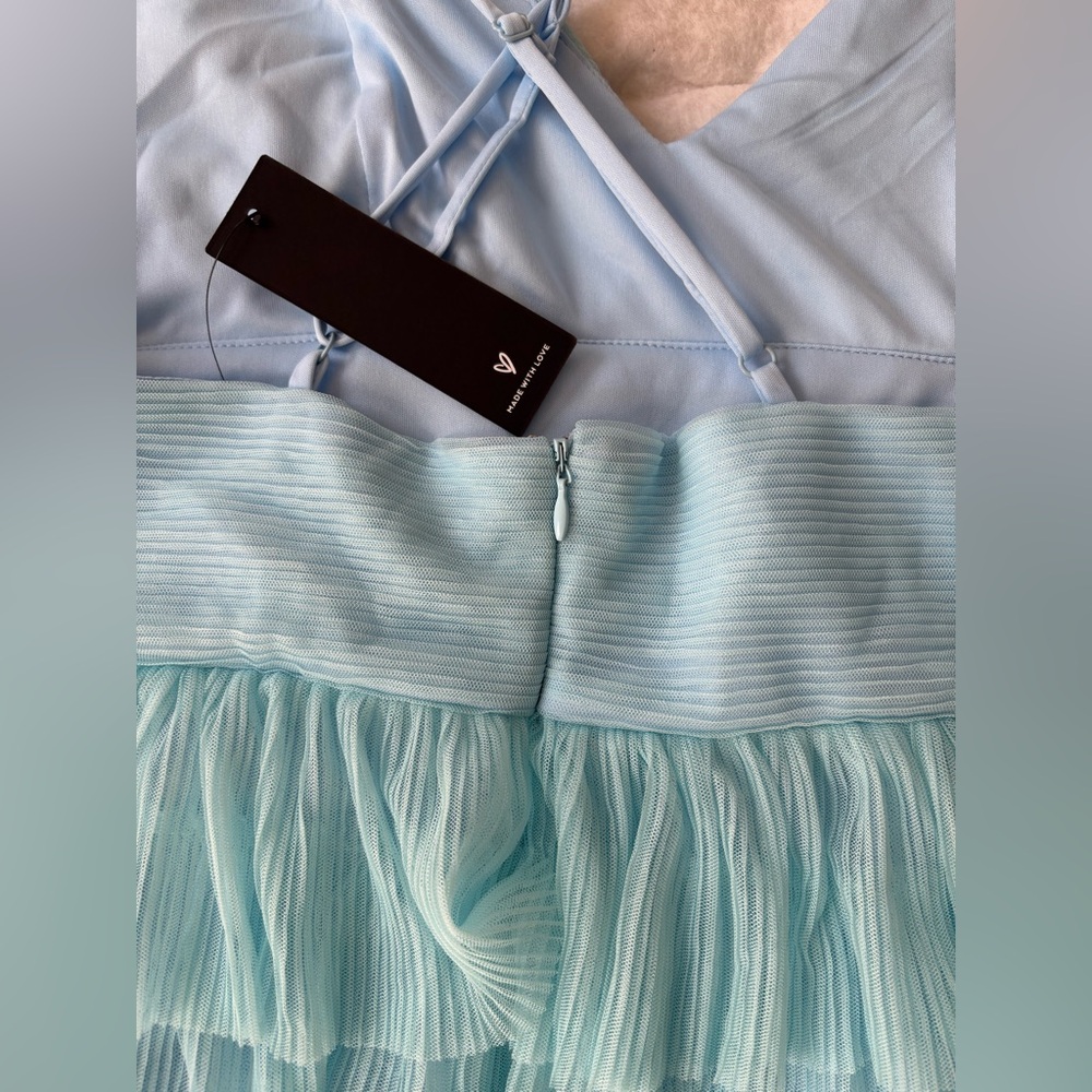 Lulus Radiant Event Light Blue Mesh Tiered Pleated Backless Maxi Dress - Picture 9 of 12